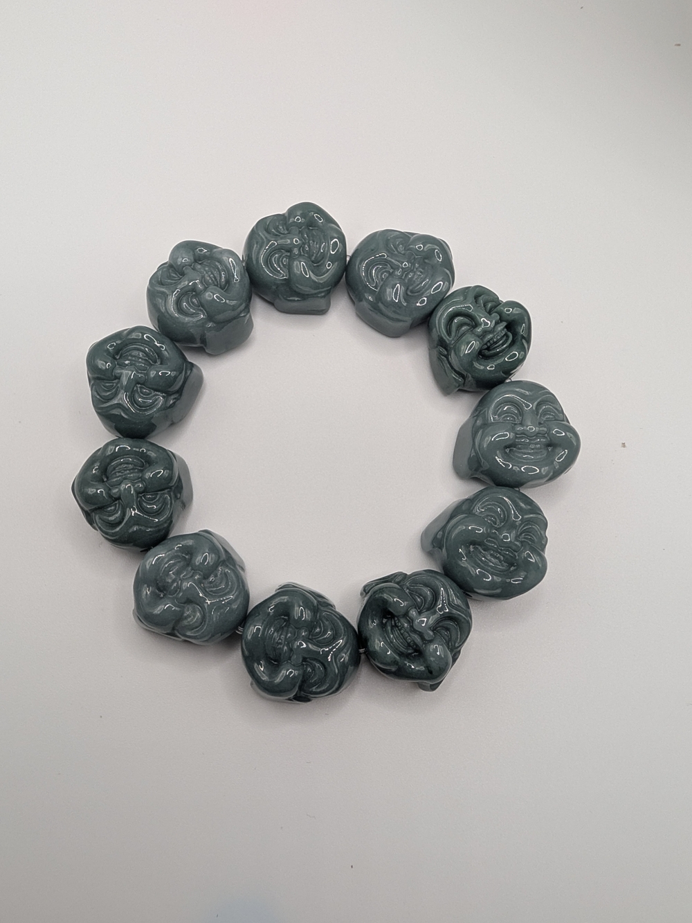 NWT Certified Natural Grade A Jadeite Carved Laughing Buddha Head Bracelet